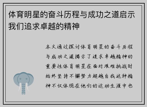 体育明星的奋斗历程与成功之道启示我们追求卓越的精神