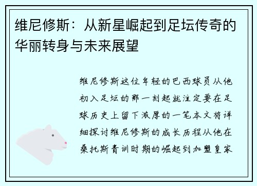 维尼修斯：从新星崛起到足坛传奇的华丽转身与未来展望